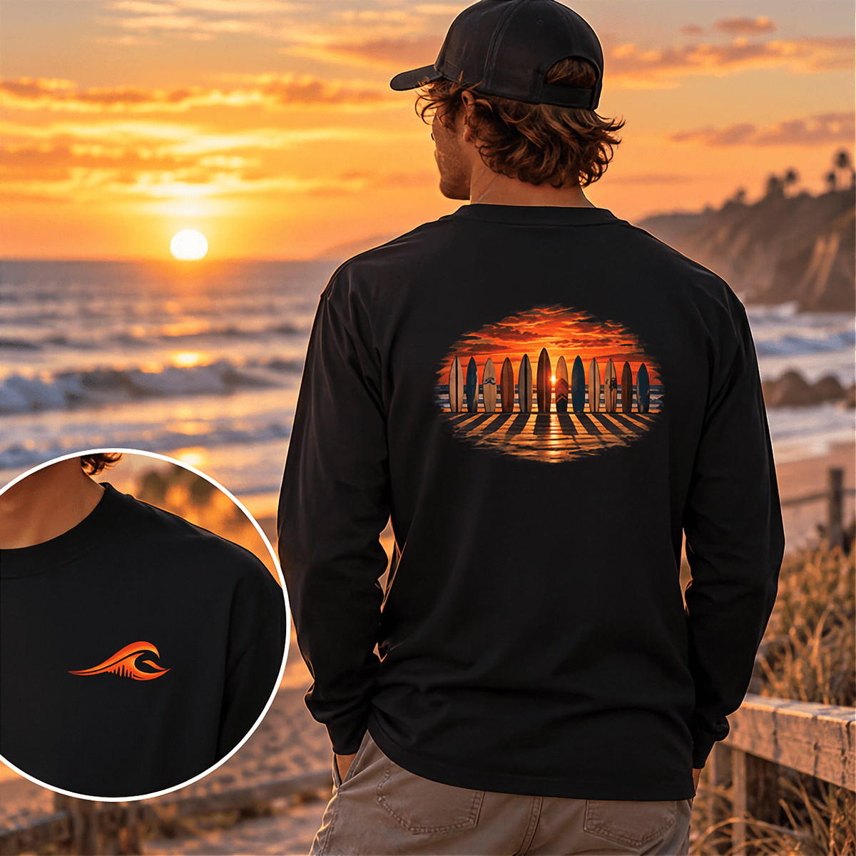 Man wearing the FLOWAV Coastal Sunset Long Sleeve Tee in black looking out over ocean while holding a surfboard