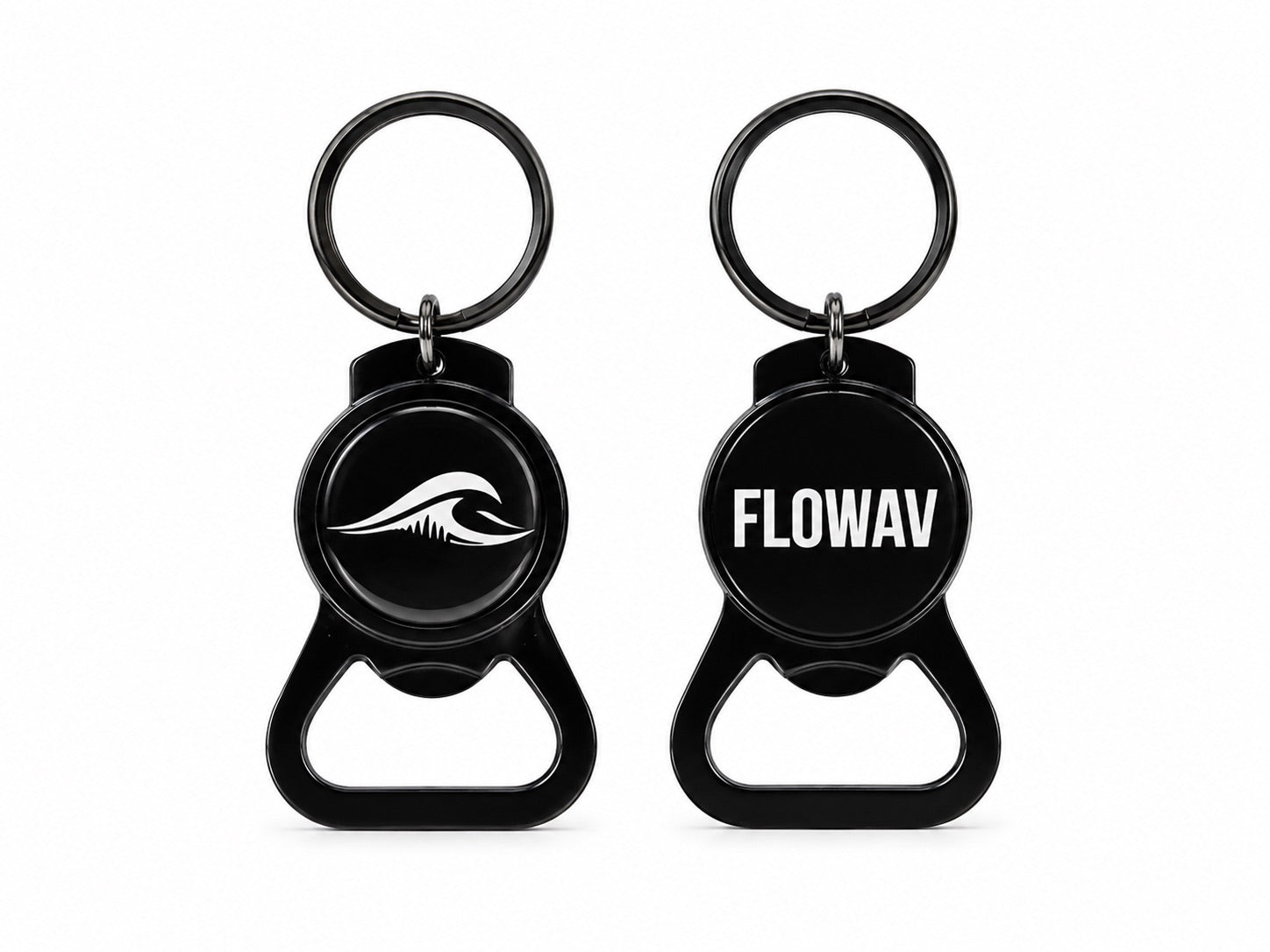FLOWAV bottle opener keychain showing front wave logo and back FLOWAV branding on white background