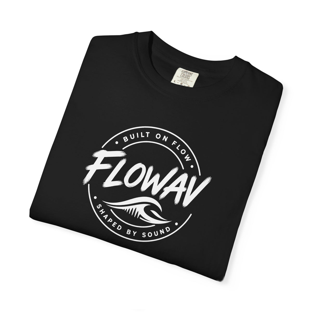 A folded FLOWAV Badge Tee in black featuring built on flow shaped on sound slogan and a white wave logo.