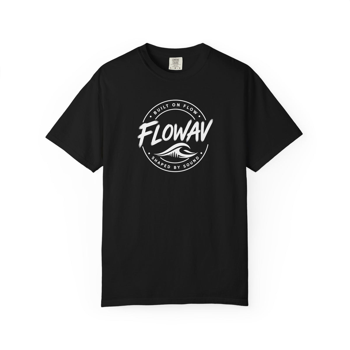 FLOWAV Coastal Badge Tee in black laid flat showing the front badge graphic.