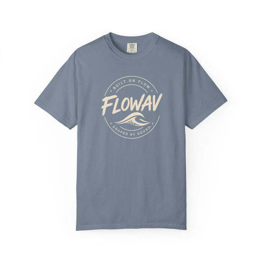 FLOWAV Coastal Badge Tee in blue jean - heavyweight coastal t-shirt with surf graphic on the front