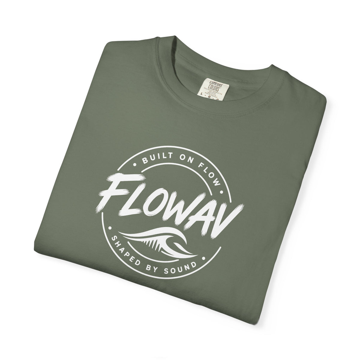 A folded FLOWAV Badge Tee in Moss featuring built on flow shaped on sound.