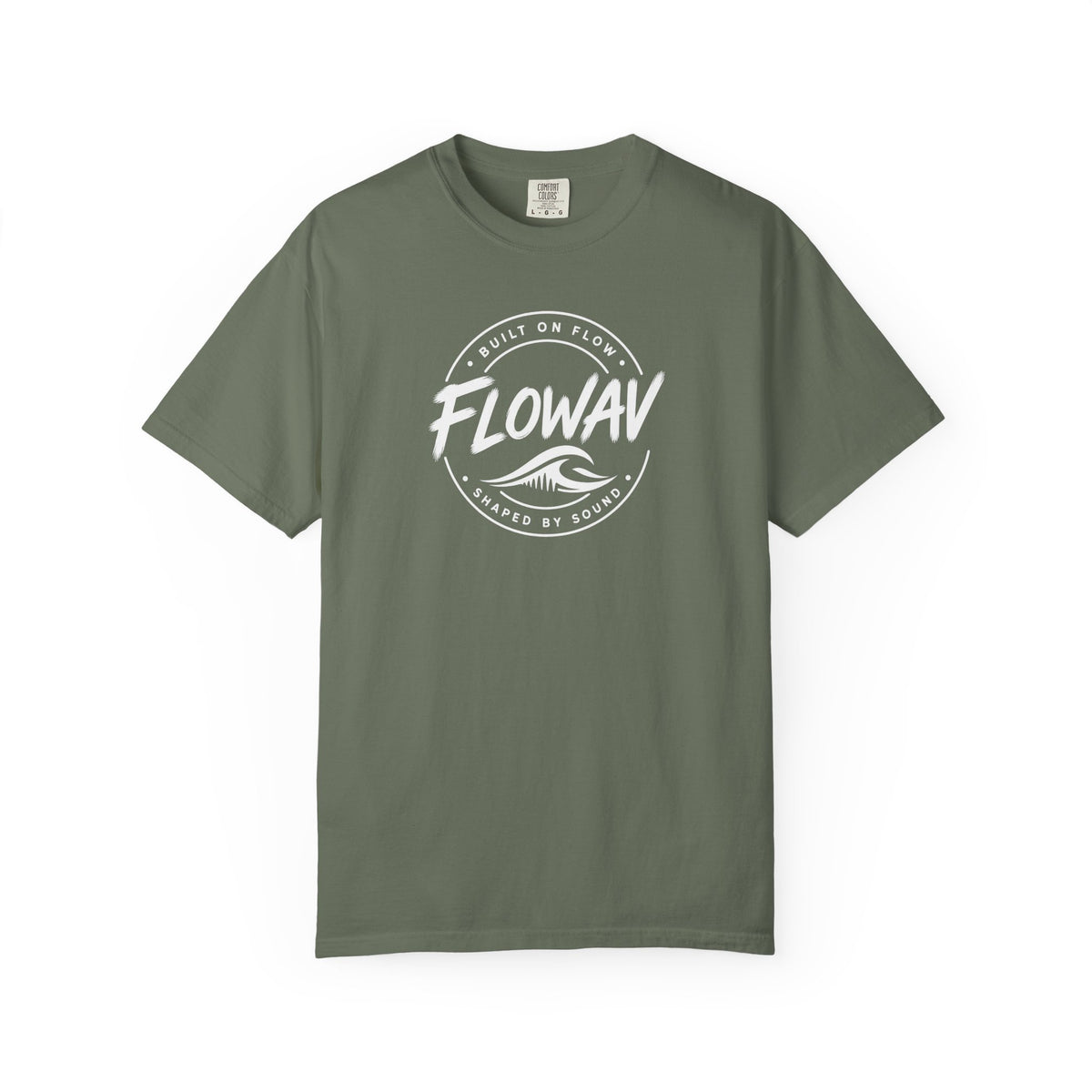 FLOWAV Coastal Badge Tee in moss laid flat showing the front badge graphic.