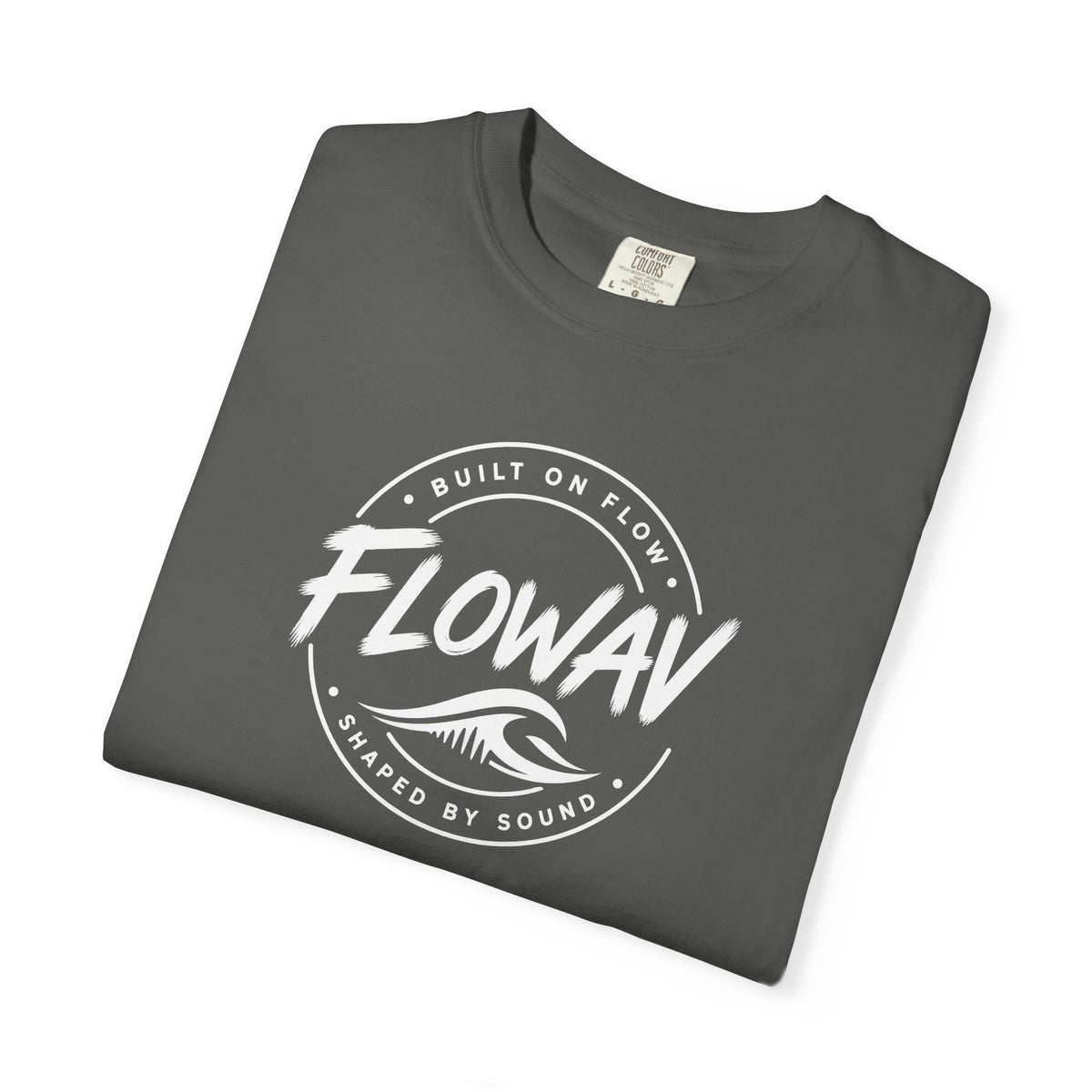 A folded FLOWAV Badge Tee in pepper featuring built on flow shaped on sound slogan and a white wave logo.