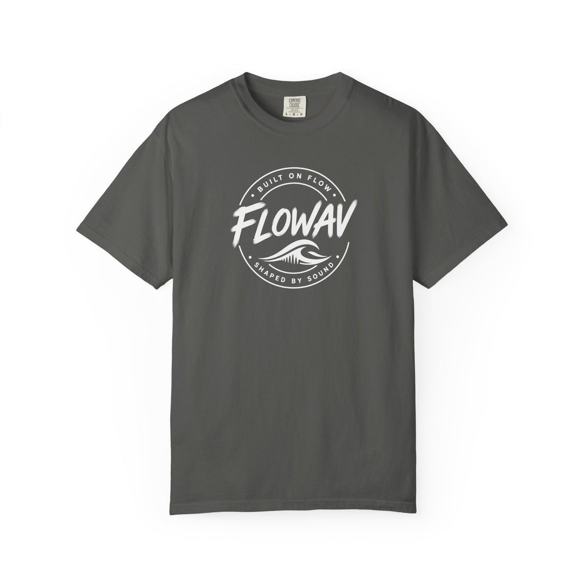 FLOWAV Coastal Badge Tee in pepper laid flat showing the front badge graphic.