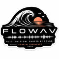 A FLOWAV Coastal Frequency Sticker on the white background. Featuring an ocean wave, a sunset, birds and a soundwave. Built on Flow. Shaped by Sound. 2026