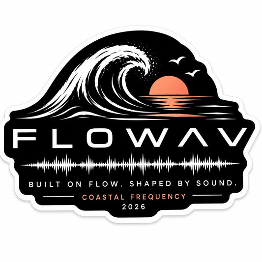 A FLOWAV Coastal Frequency Sticker on the white background. Featuring an ocean wave, a sunset, birds and a soundwave. Built on Flow. Shaped by Sound. 2026