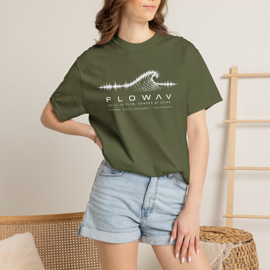 Woman wearing the FLOWAV Coastal Frequency Tee in Hemp with white wave and soundwave artwork.