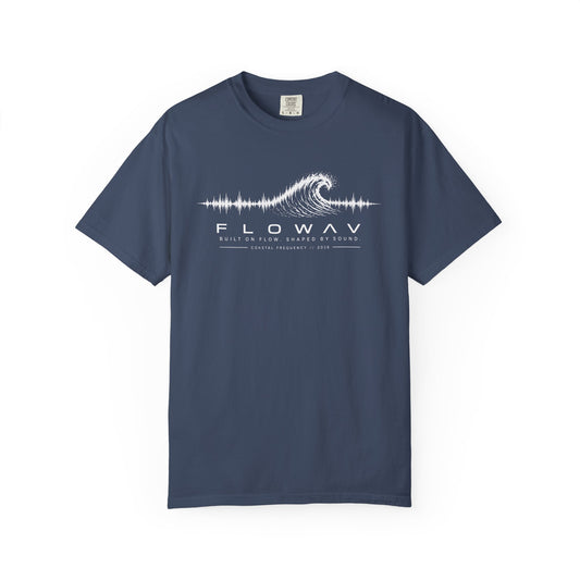 FLOWAV Coastal Frequency Tee in Midnight showing front graphic of a white ocean wave and soundwave artwork
