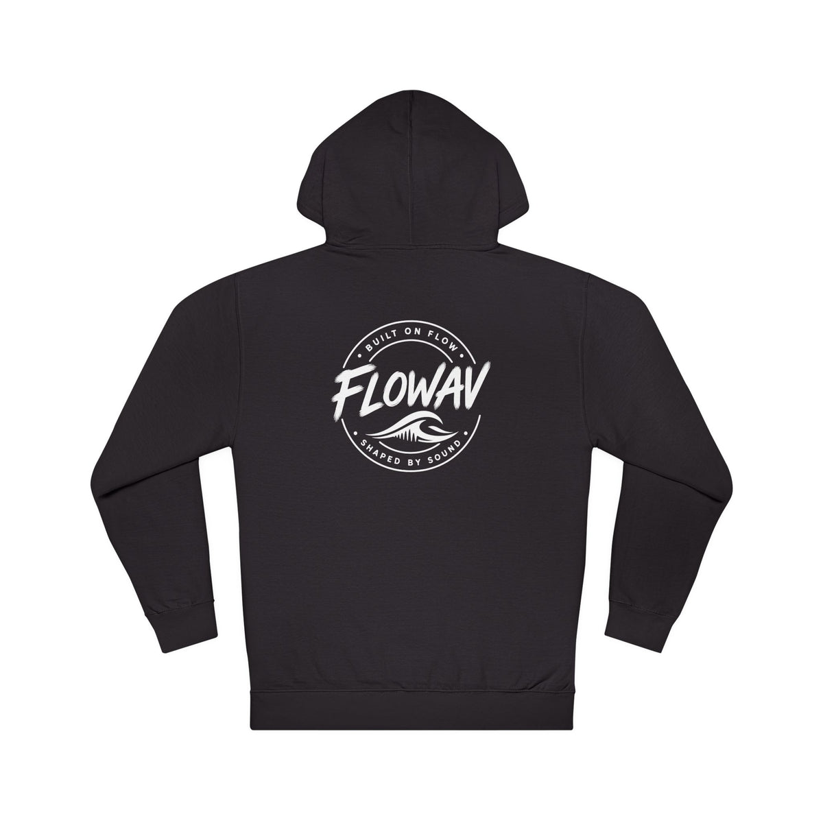 FLOWAV Coastal Graphic Hoodie in black showing the FLOWAV badge, built on flow. shaped by sound.