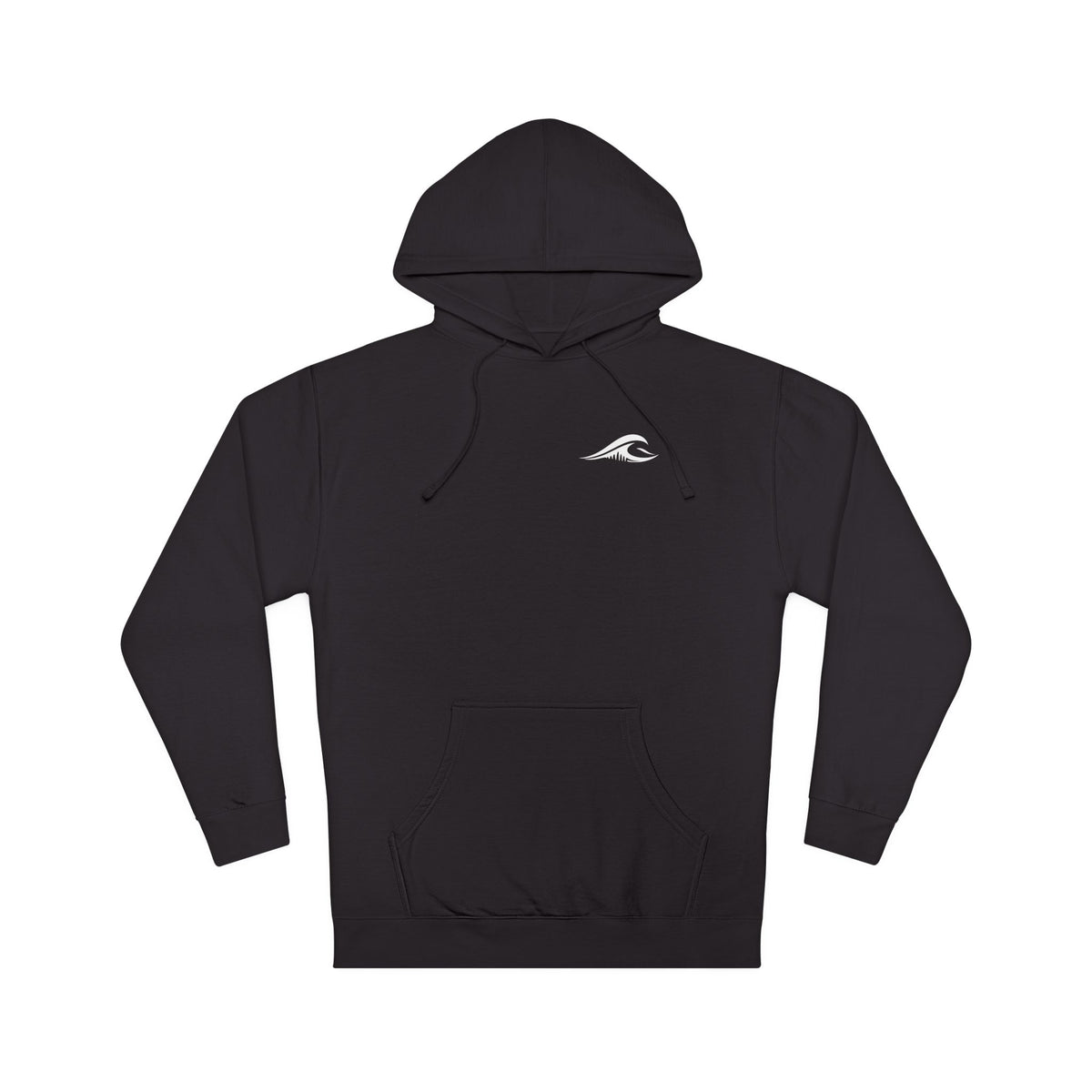 FLOWAV Coastal Graphic hooded sweatshirt in black laid flat showing the FLOWAV wave logo on the left chest