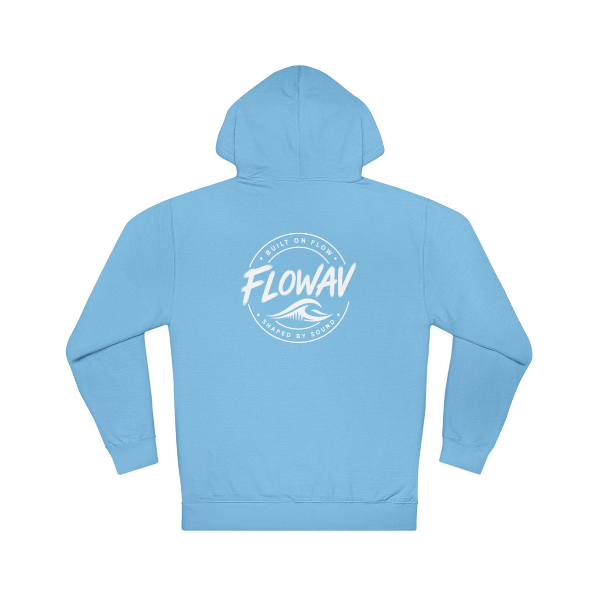 FLOWAV Coastal Graphic Hoodie in Blue Aqua showing the FLOWAV badge, built on flow. shaped by sound.