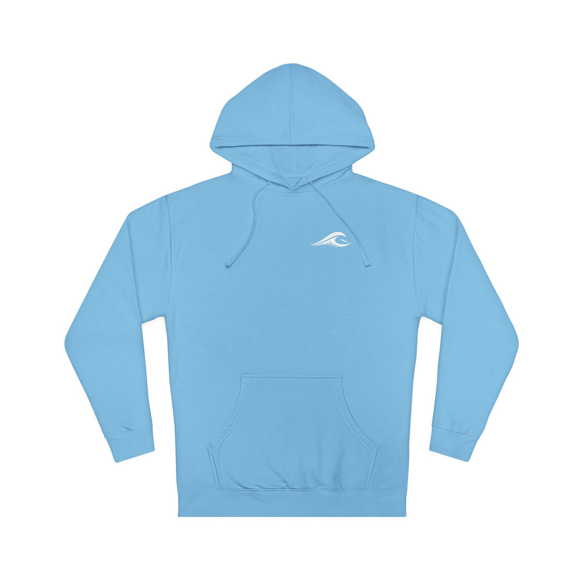 FLOWAV Coastal Graphic hooded sweatshirt in blue aqua laid flat showing the FLOWAV wave logo on the left chest