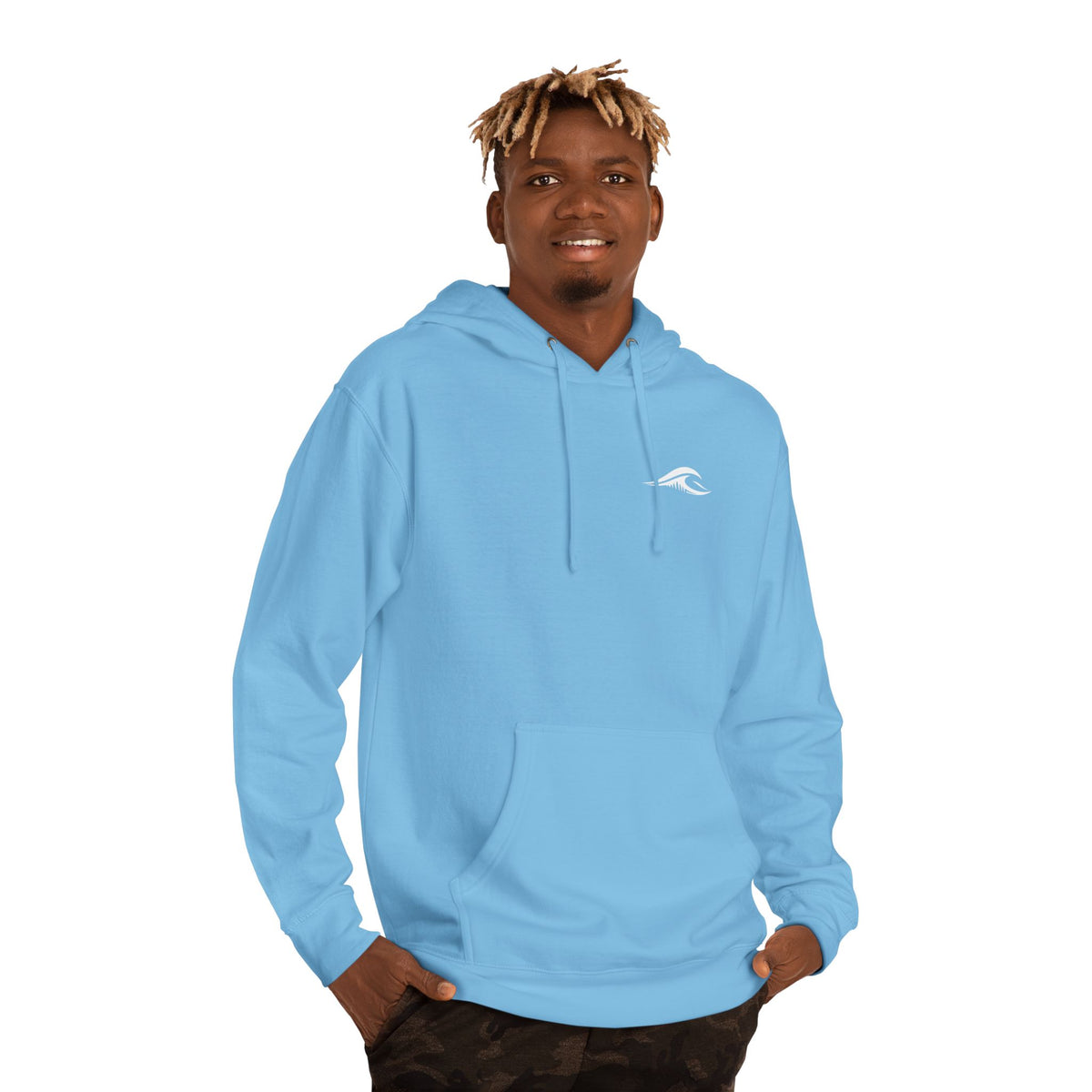 A man wearing a FLOWAV Coastal Graphic hoodie in blue aqua showing the white FLOWAV wave on the left chest.