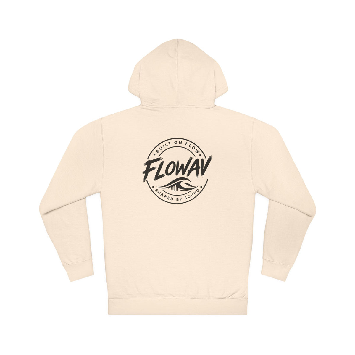 FLOWAV Coastal Graphic Hoodie in bone showing the FLOWAV badge, built on flow. shaped by sound.