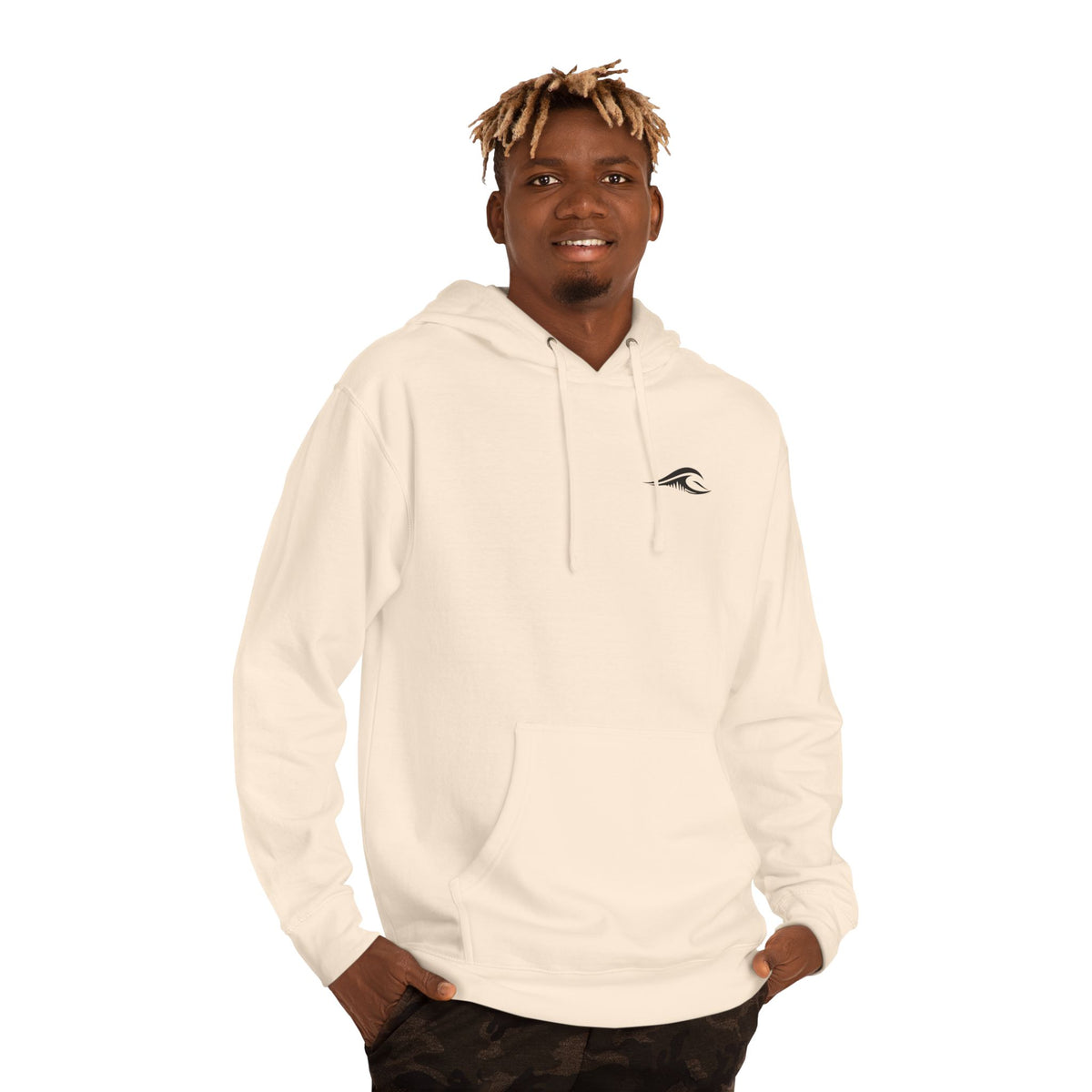 A man wearing a FLOWAV Coastal Graphic hoodie in bone showing the FLOWAV wave on the left chest.