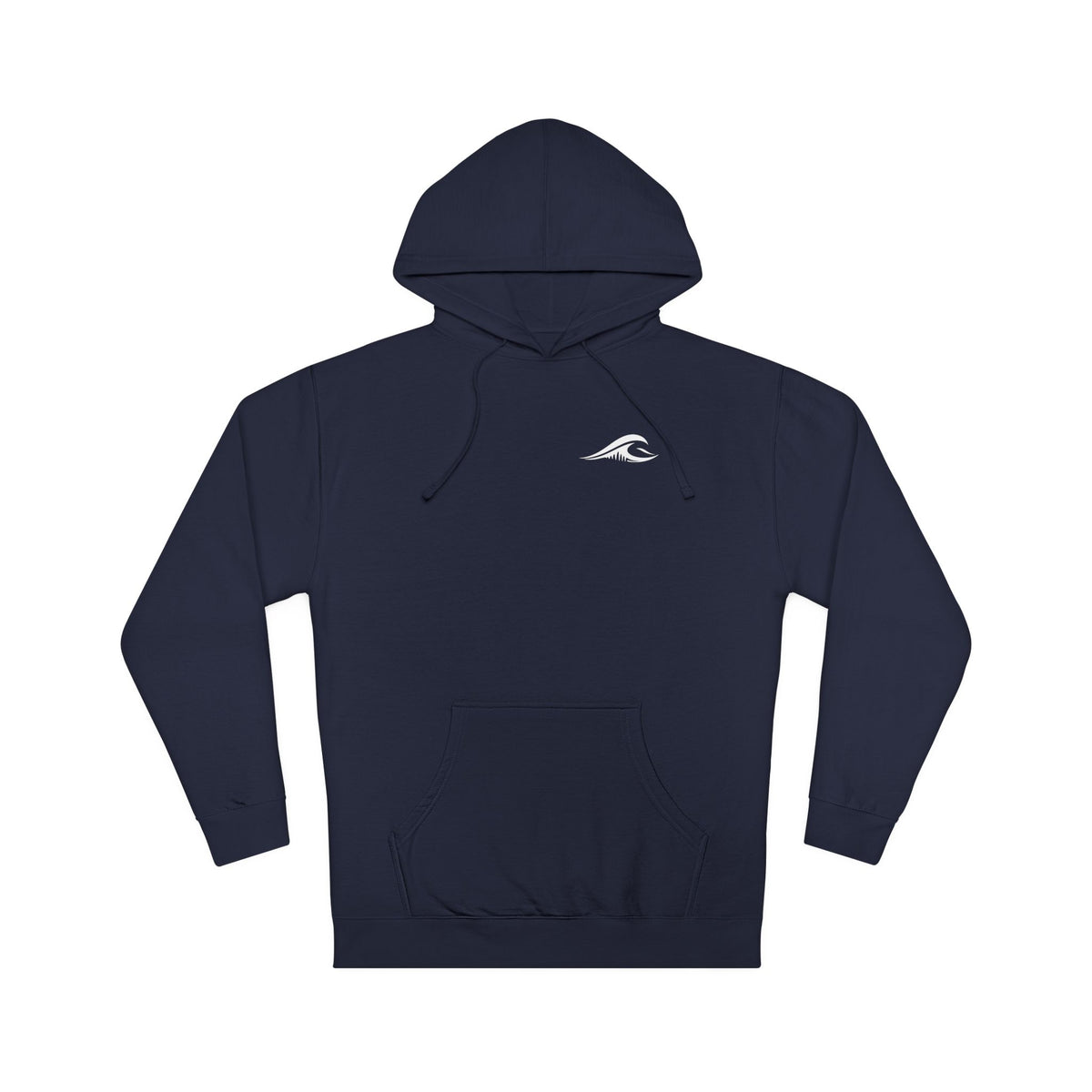 FLOWAV Coastal Graphic hooded sweatshirt in classic navy laid flat showing the FLOWAV wave logo on the left chest