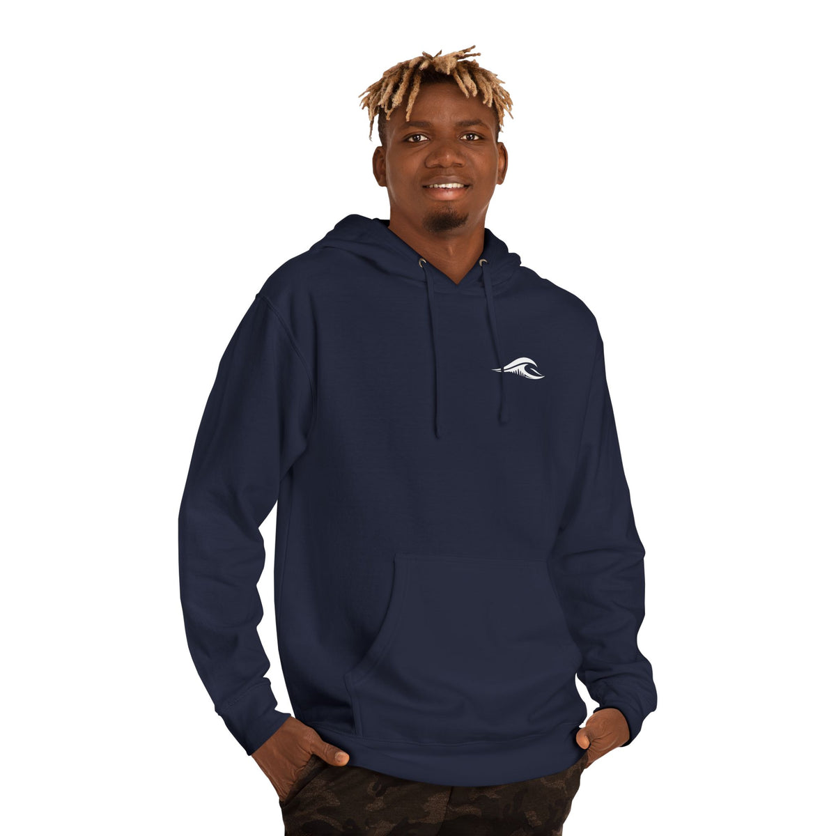 A man wearing a FLOWAV Coastal Graphic hoodie in classic navy showing the white FLOWAV wave on the left chest.