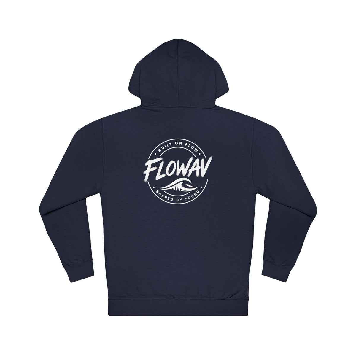 FLOWAV Coastal Graphic Hoodie in Classic Navy showing the FLOWAV badge, built on flow. shaped by sound.