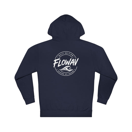 FLOWAV Coastal Graphic Hoodie in Classic Navy showing the FLOWAV badge, built on flow. shaped by sound.
