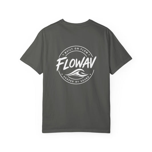 FLOWAV Coastal Graphic Tee in pepper showing the back coastal FLOWAV badge and wave logo.