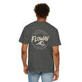 Man wearing FLOWAV Coastal Graphic Tee in Pepper - back view showing surf and music inspired graphic