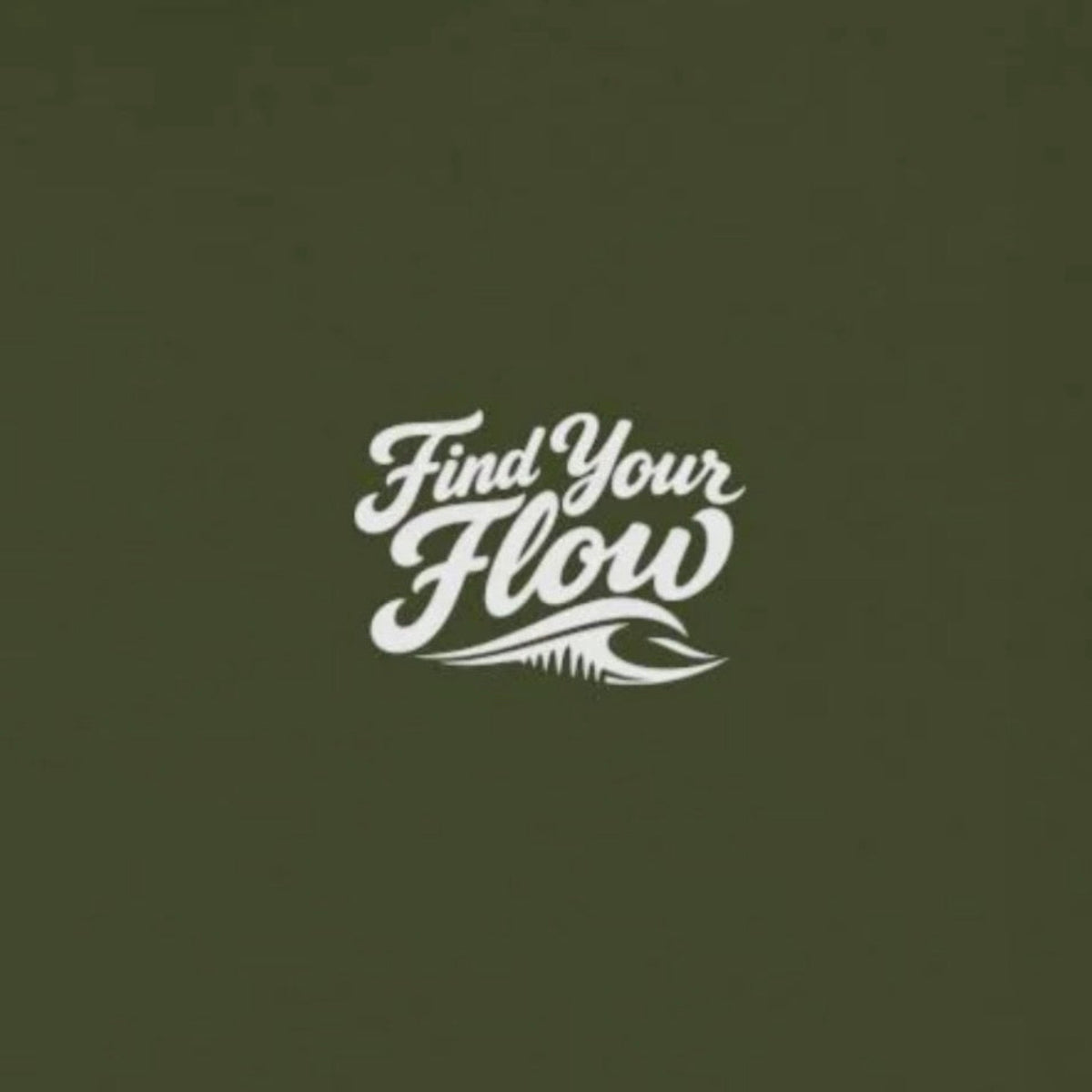 Closeup up the FLOWAV Find Your Flow crewneck sweatshirt in Army featuring find your flow with a wave logo below it.