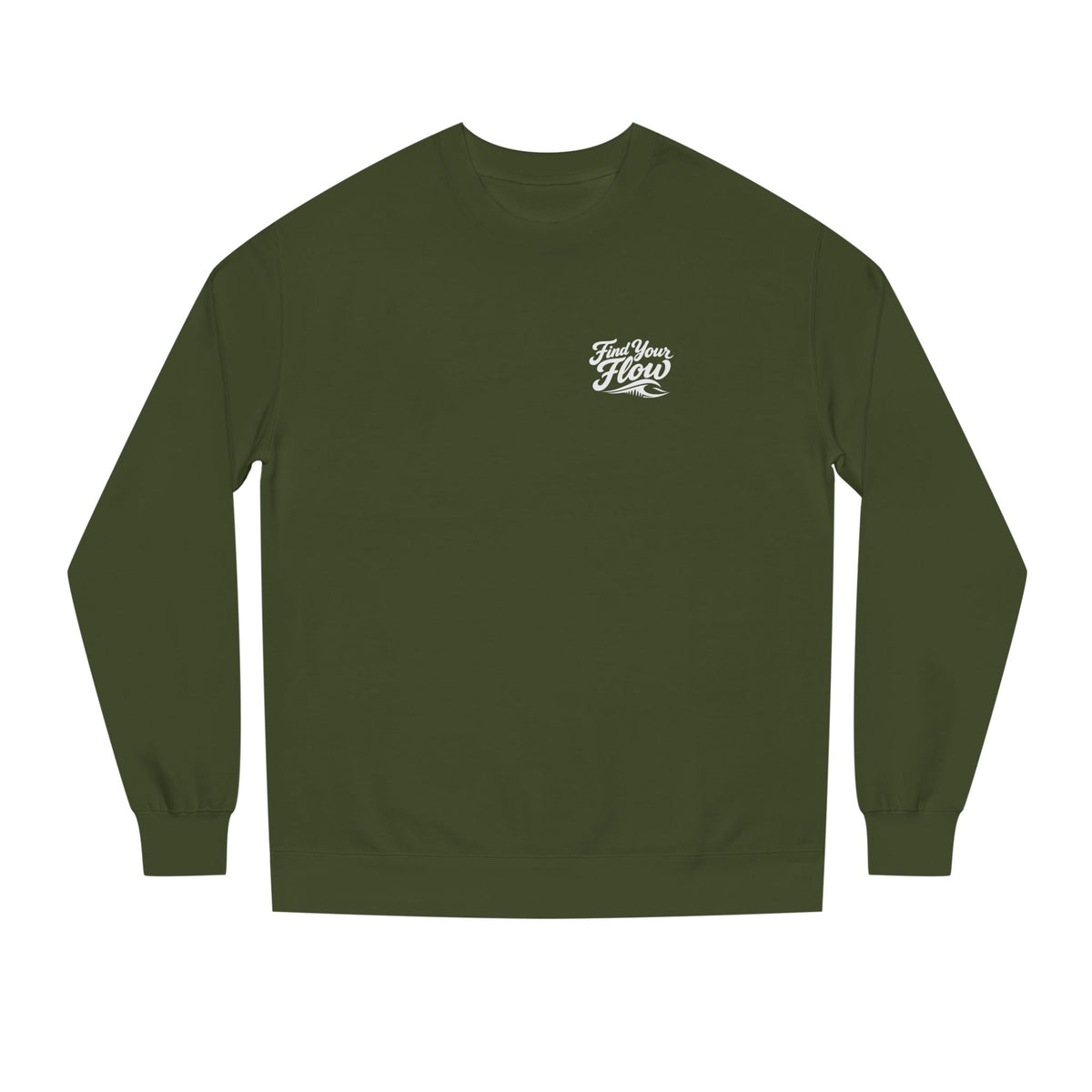 FLOWAV Find Your Flow crewneck sweatshirt in army laid out flat showing the find your flow and wave graphic.