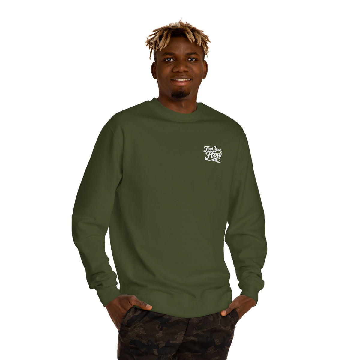 A man wearing the FLOWAV Find Your Flow crewneck sweathshirt in army featuring the flow graphic and waveform.