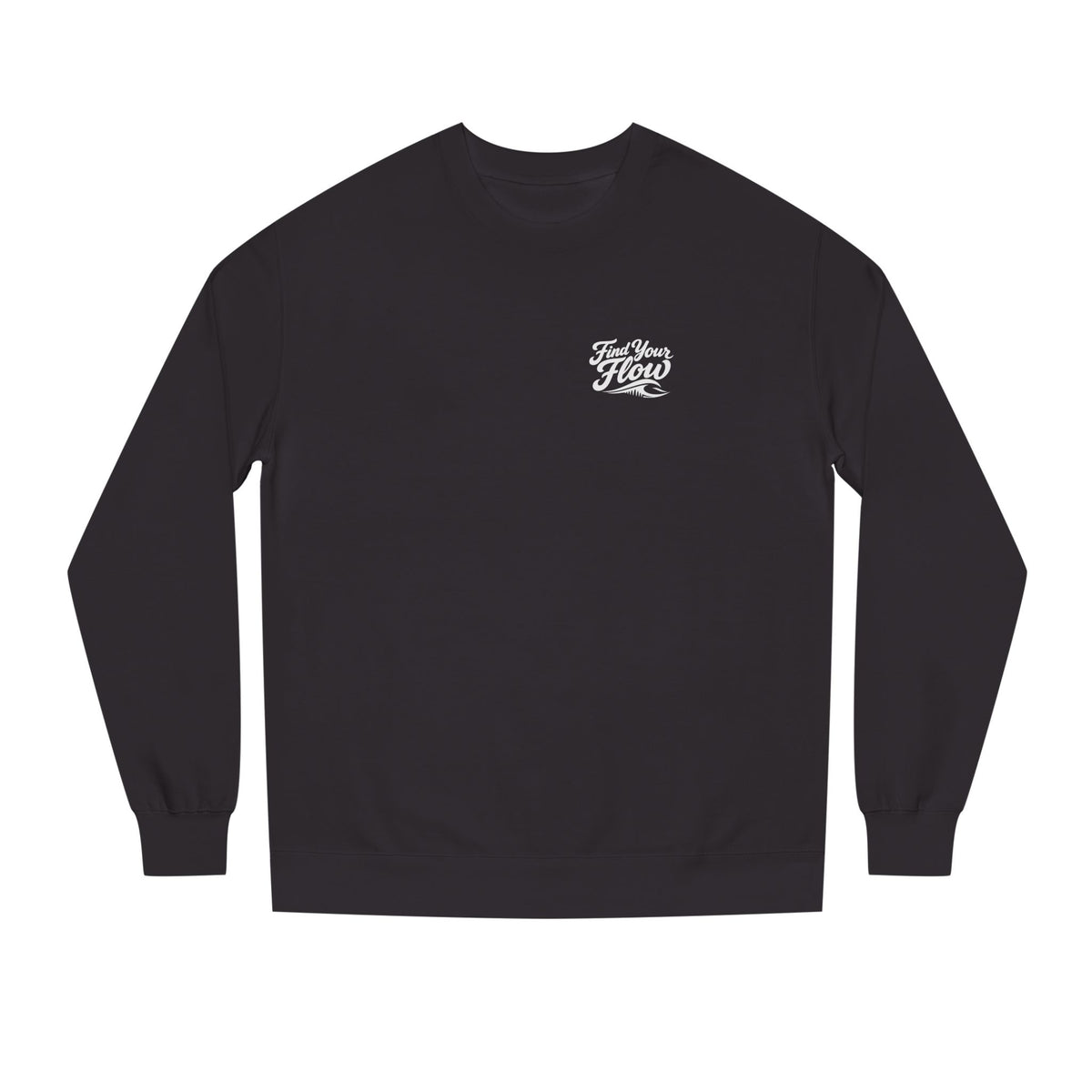 FLOWAV Find Your Flow crewneck sweatshirt in black laid out flat showing the find your flow and wave graphic.