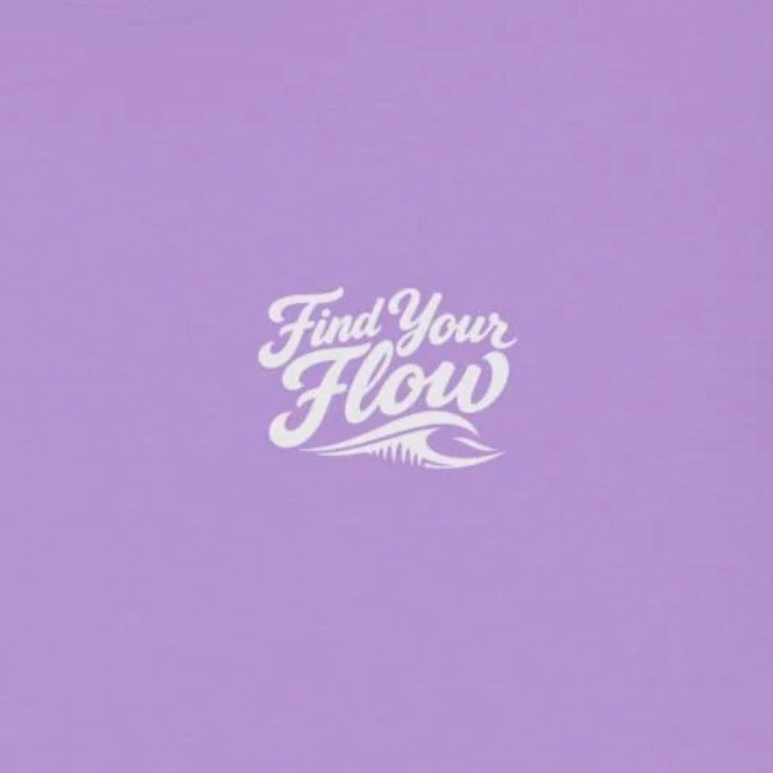 Closeup up the FLOWAV Find Your Flow crewneck sweatshirt in lavender featuring find your flow with a wave logo below it.