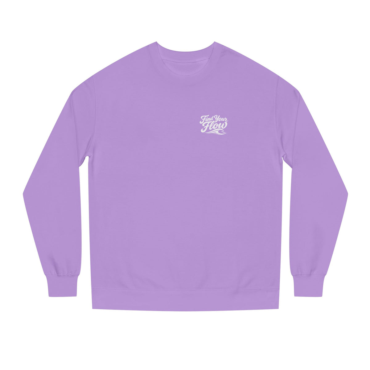 FLOWAV Find Your Flow crewneck sweatshirt in lavender laid out flat showing the find your flow and wave graphic.
