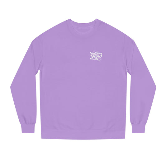 FLOWAV Find Your Flow crewneck sweatshirt in lavender laid out flat showing the find your flow and wave graphic.