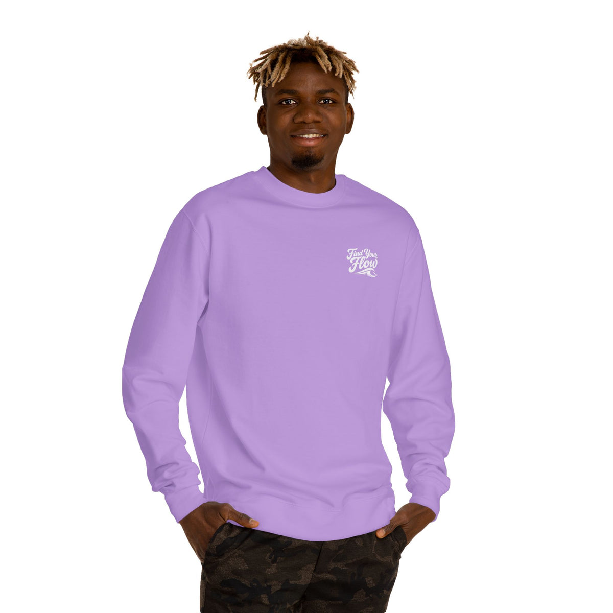 A man wearing the FLOWAV Find Your Flow crewneck sweathshirt in lavender featuring the flow graphic and waveform.