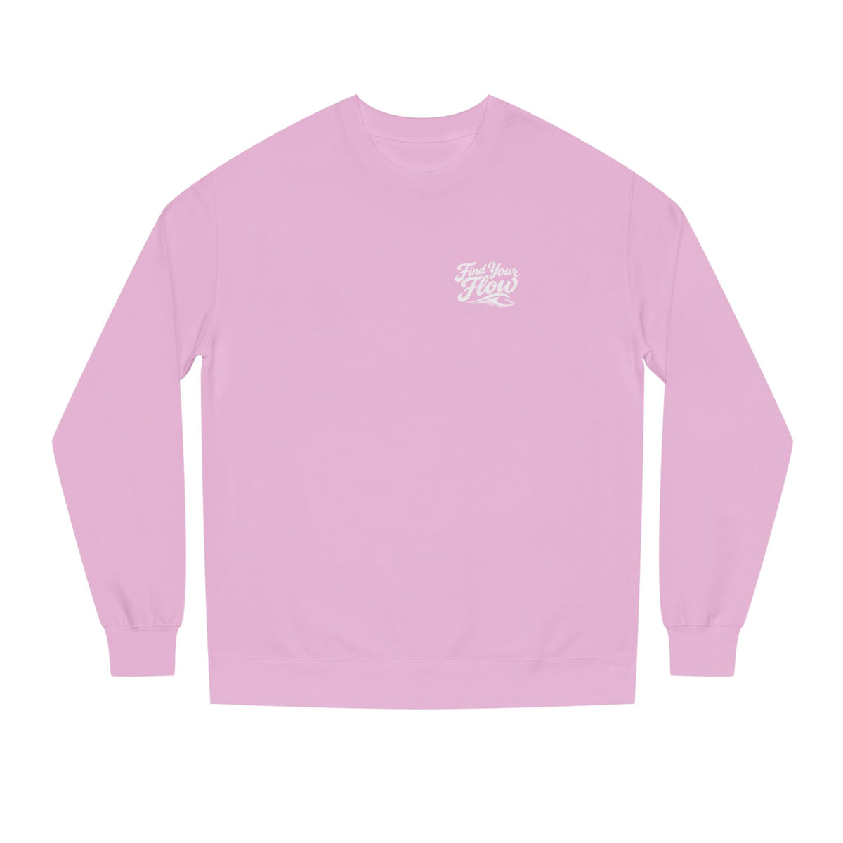 FLOWAV Find Your Flow crewneck sweatshirt in light pink laid out flat showing the find your flow and wave graphic.