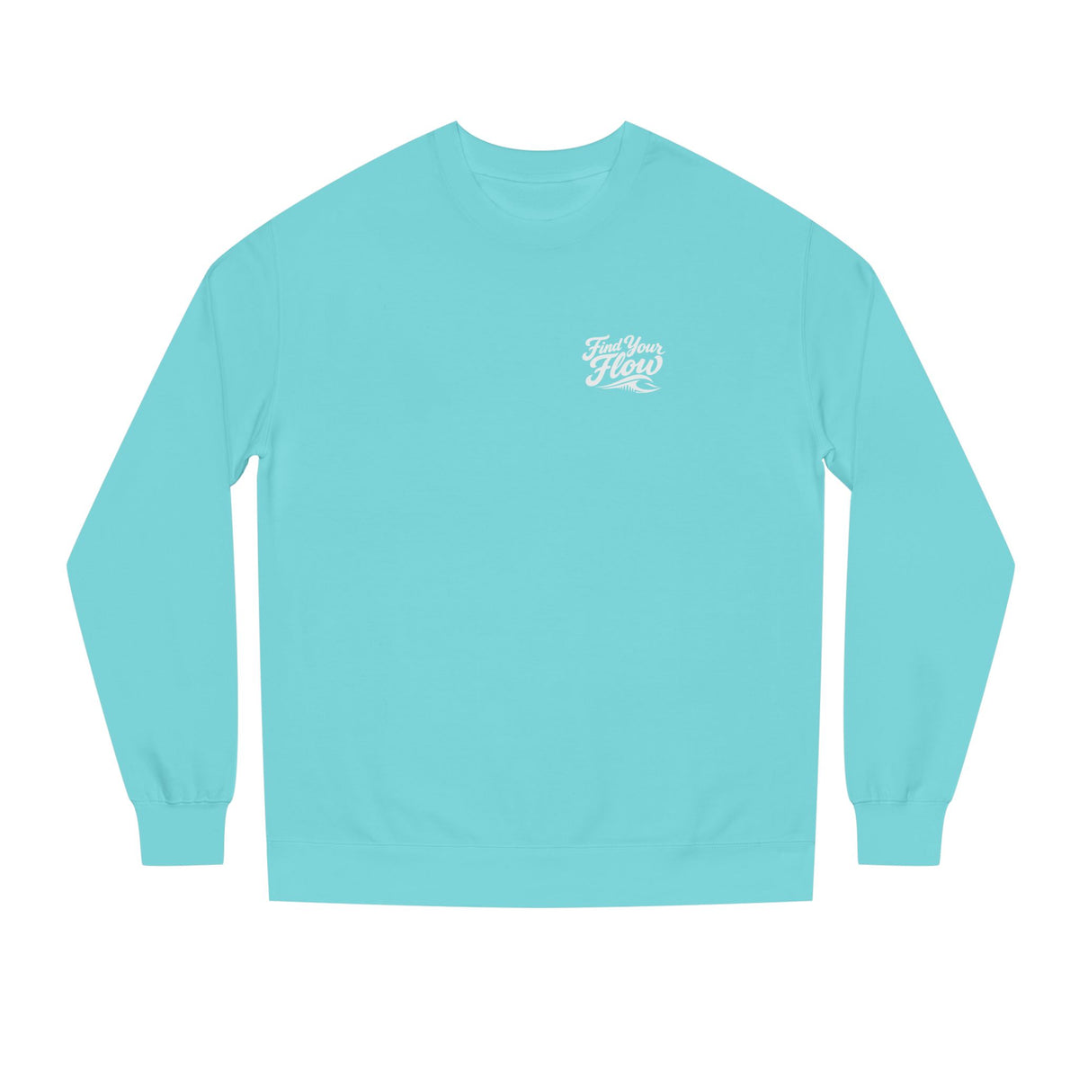 FLOWAV Find Your Flow crewneck sweatshirt in mint laid out flat showing the find your flow and wave graphic.