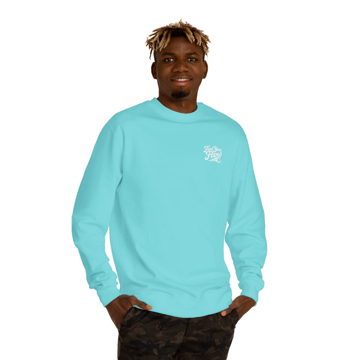 A man wearing the FLOWAV Find Your Flow crewneck sweathshirt in mint featuring the flow graphic and waveform.