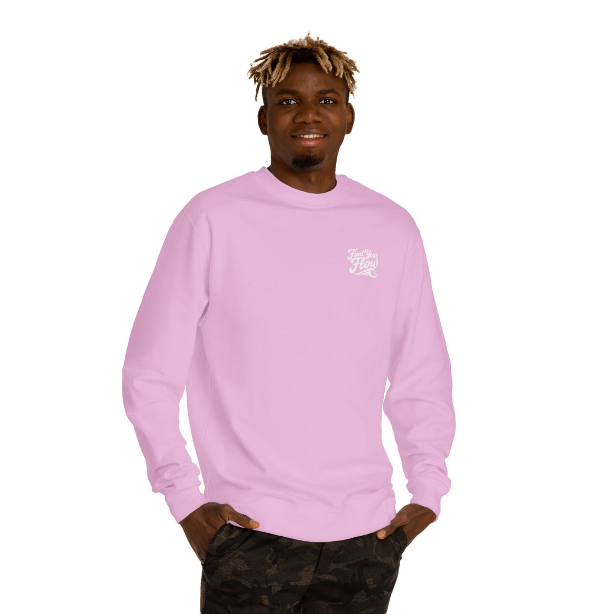 A man wearing the FLOWAV Find Your Flow crewneck sweathshirt in light pink featuring the flow graphic and waveform.
