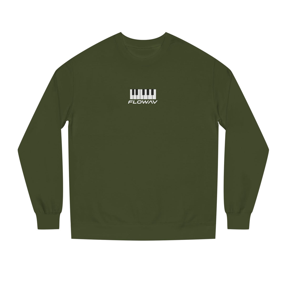 FLOWAV Keys Crewneck Sweatshirt in army laid flat showing the front piano keys graphic on the center chest