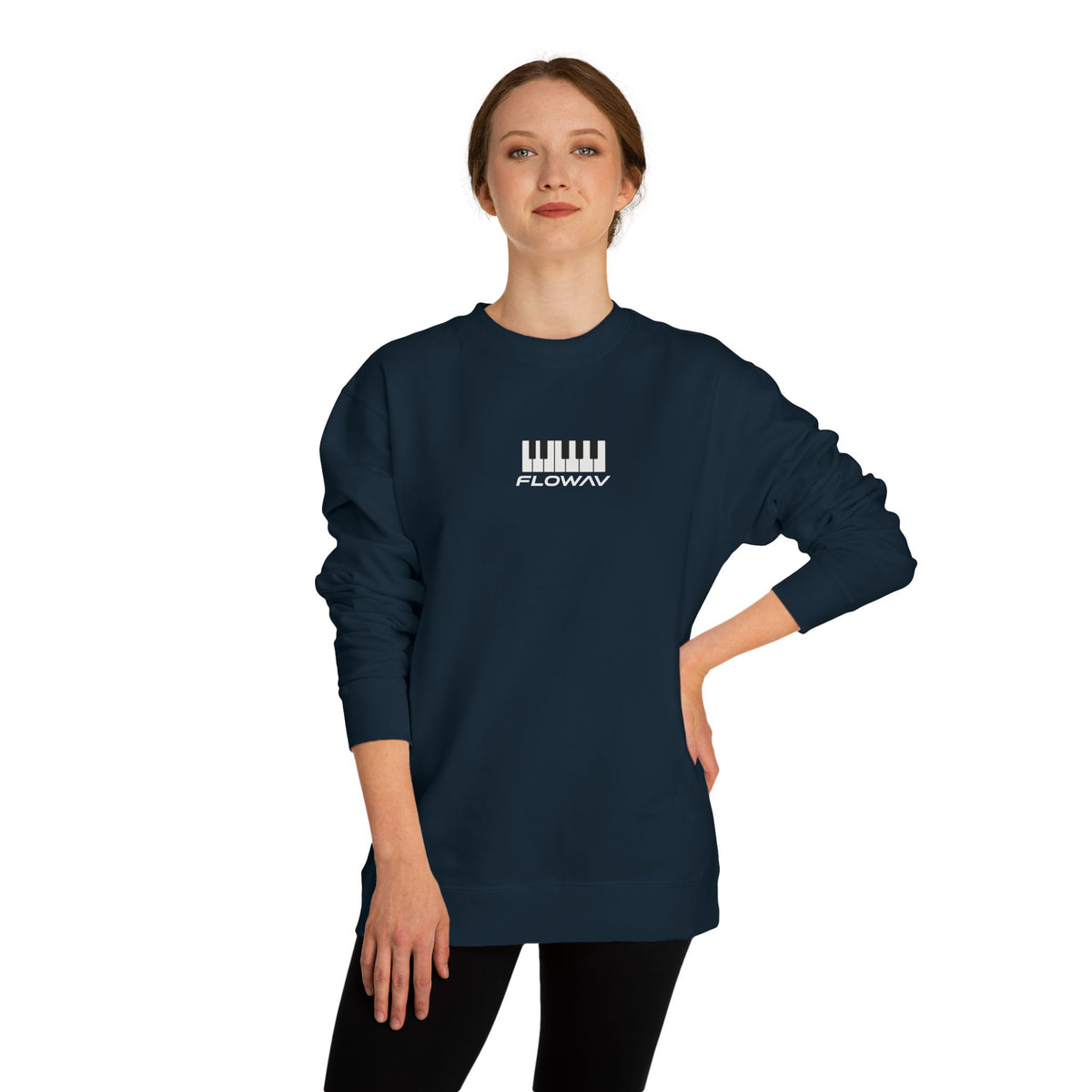 Woman wearing the FLOWAV Keys Crewneck Sweatshirt in Classic Navy showing the front piano keys and wordmark
