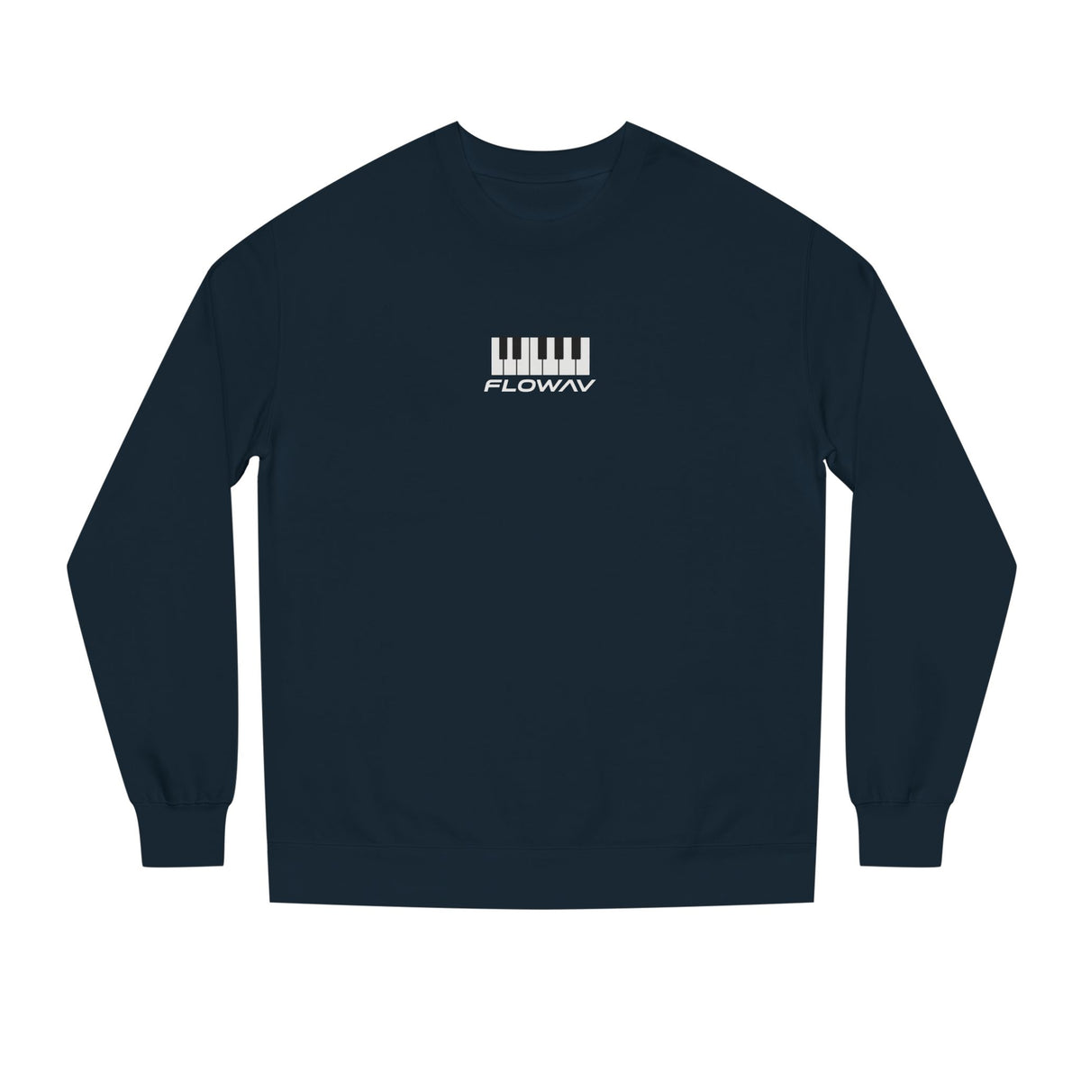 FLOWAV Keys Crewneck Sweatshirt in Classic Navy showing the front piano graphic laid flat