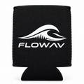 Black FLOWAV neoprene can cooler with white wave logo and wordmark.