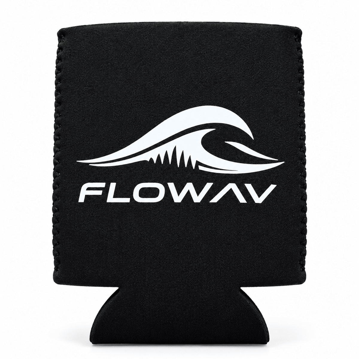 Black FLOWAV neoprene can cooler with white wave logo and wordmark.