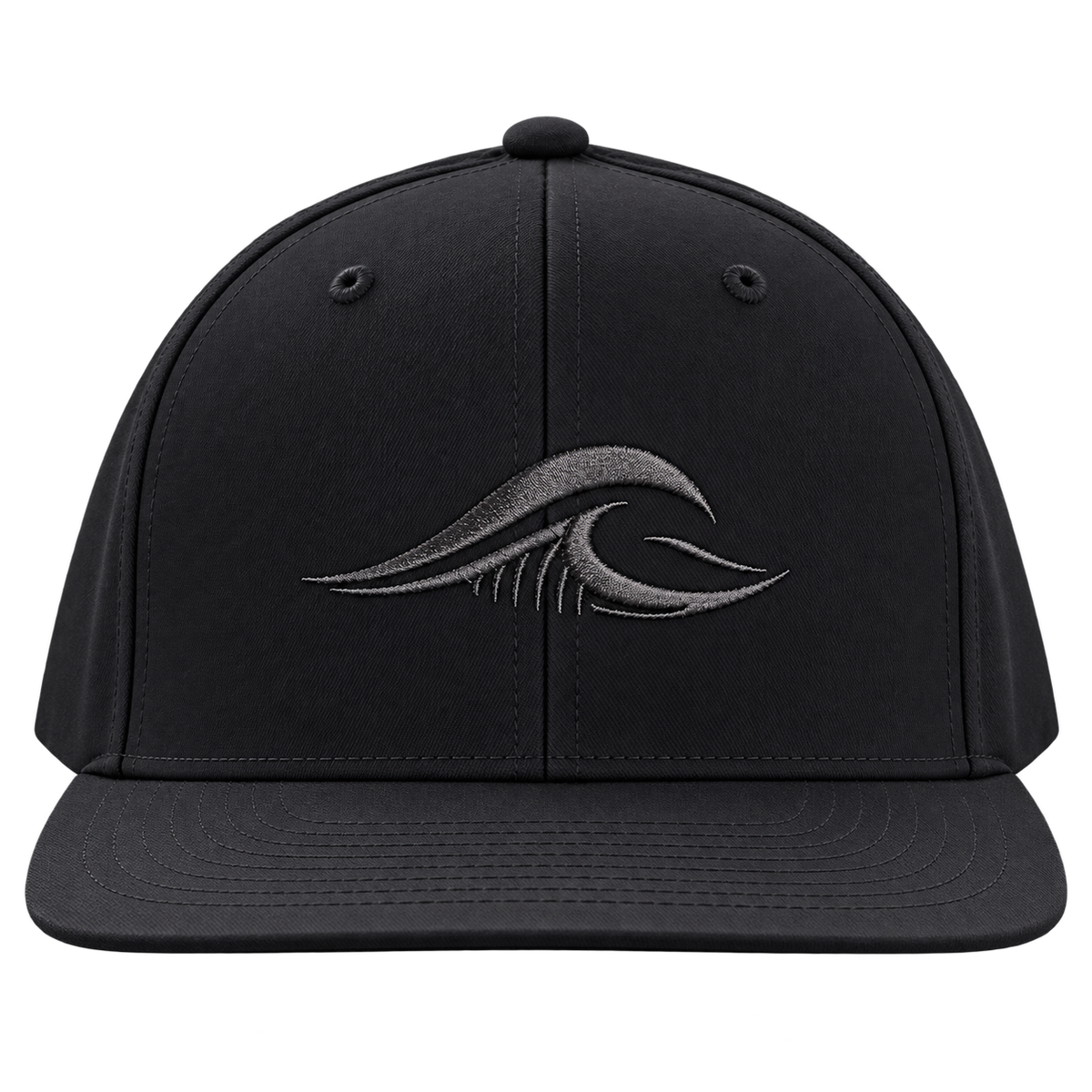 A black FLOWAV Midnight Edition Richardson R255 flat bill hat showing the front with a tonal dark charcoal embroidered wave logo.