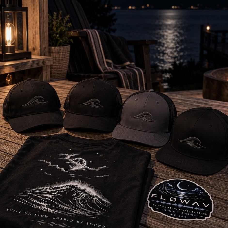 Four Flowav trucker-style and performance caps in black and dark gray are arranged on a wooden table at dusk, alongside a black graphic T-shirt and a Flowav Midnight Edition sticker. The background shows a lake at night with a chair and lantern.