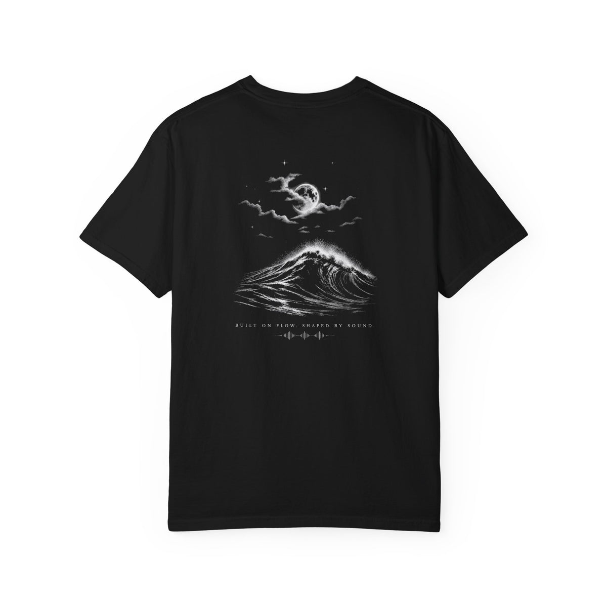 FLOWAV Midnight Edition Graphic Tee in Black showing the back moonlit wave break graphic with built on flow shaped by sound underneath it. The sky has a full moon and stars.