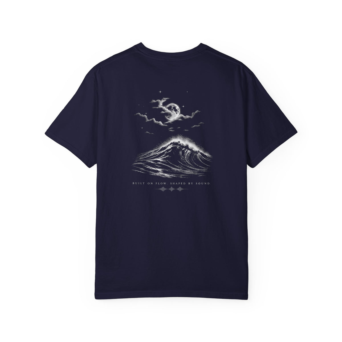 FLOWAV Midnight Edition Graphic Tee in True Navy showing the back featuring the moonlit wave break graphic and built on flow. shaped by sound underneath. The sky has a full moon and stas.