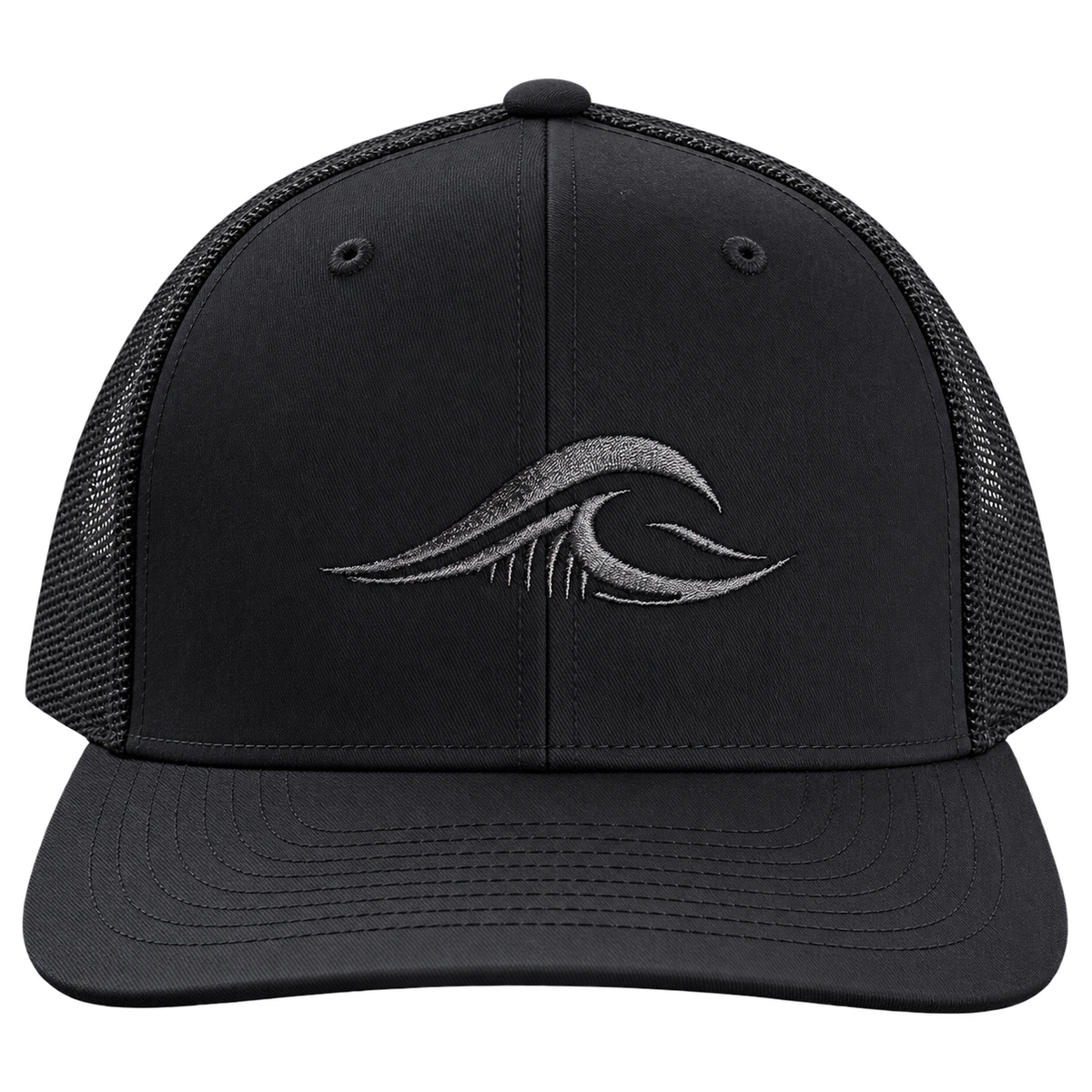 A black FLOWAV Richardson 112 trucker hat with a dark tonal wave logo on the front and black mesh in a translucent pic.