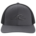 A charcoal FLOWAV Richardson 112 trucker hat with a dark gray tonal wave logo on the front and black mesh in a translucent pic.