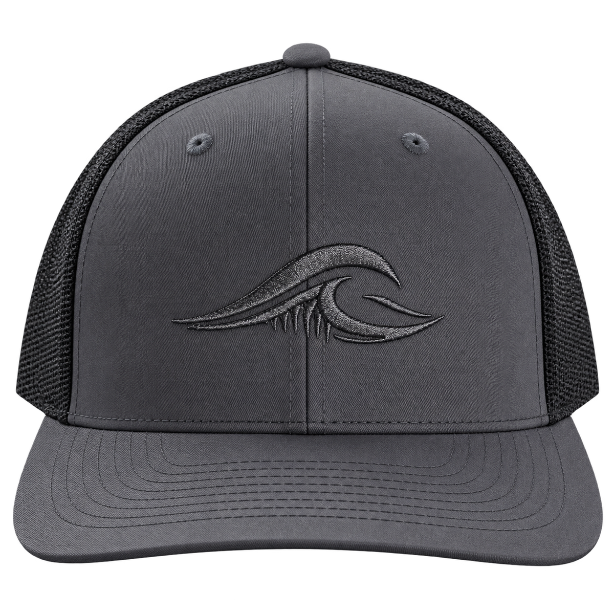 A charcoal FLOWAV Richardson 112 trucker hat with a dark gray tonal wave logo on the front and black mesh in a translucent pic.